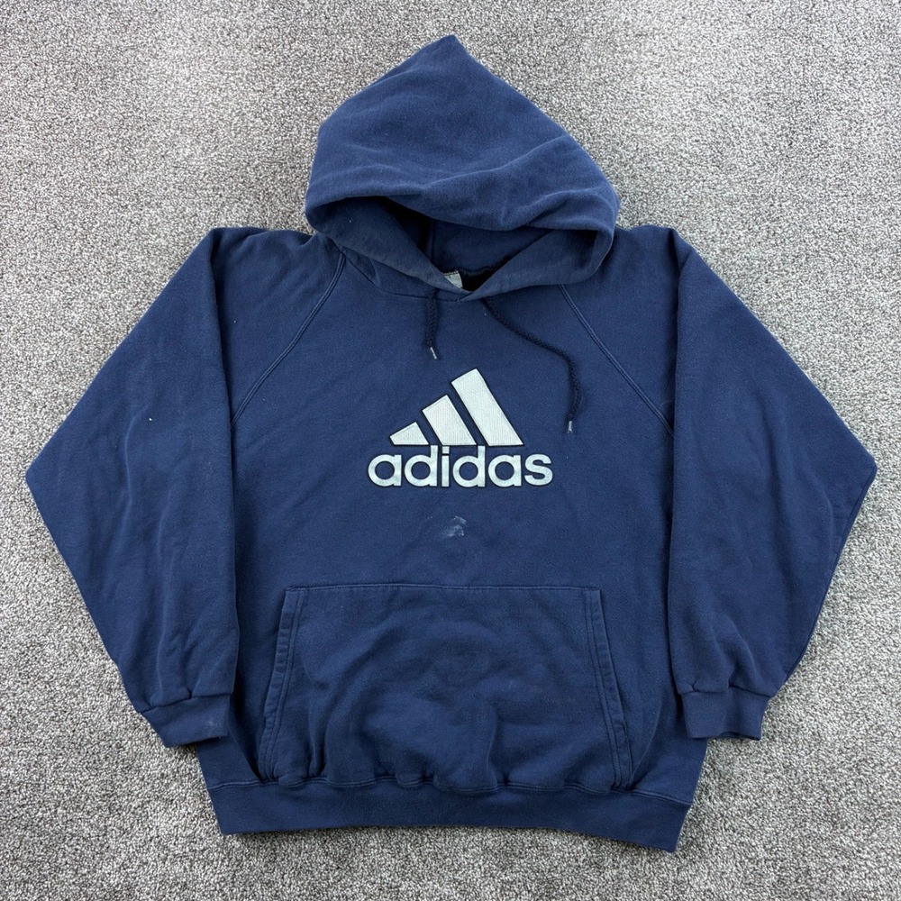 Vintage Adidas Hoodie Mens Medium Navy Blue Pullover Classic Logo Embroidered